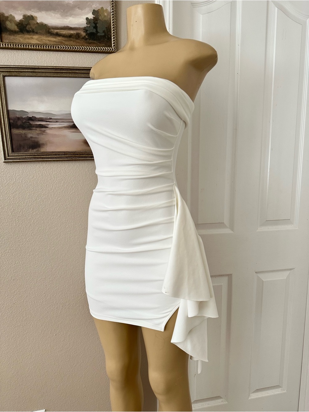 Windsor Strapless White Ruched Bodycon Dress with Side Cascade